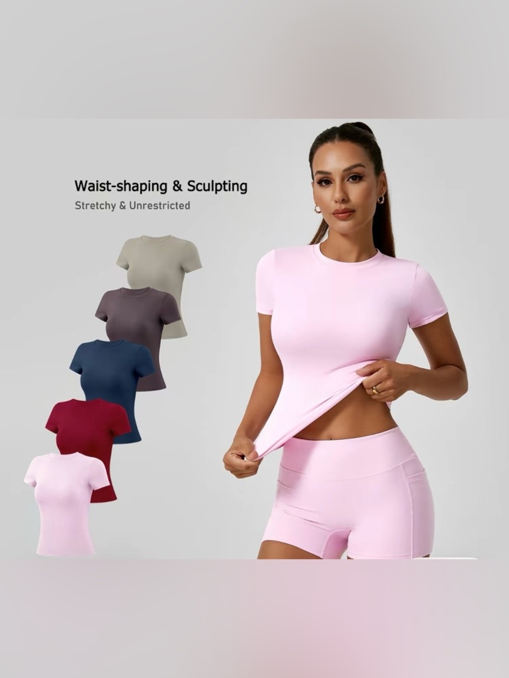 Seamless Sculpting Short Sleeve Tops - Light Pink and Black